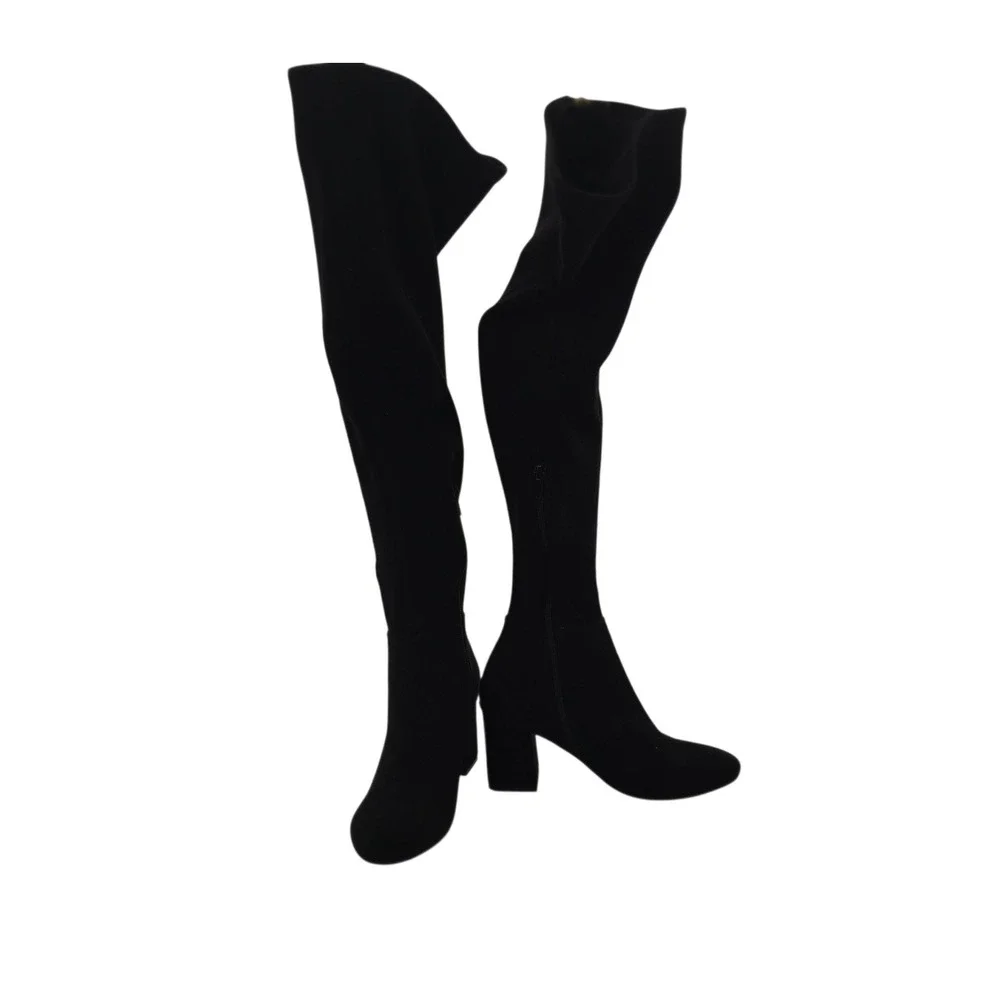ShoeDazzle Nevaeh Black Over Knee Boots Gold Zip Modern Fall Chic 6 Retro‎ Mod